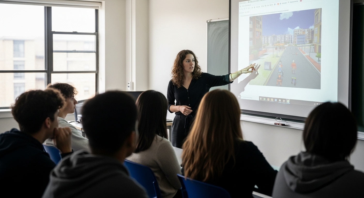 Teacher discussing anonymous gameplay situations to guide student reflection in a classroom.
