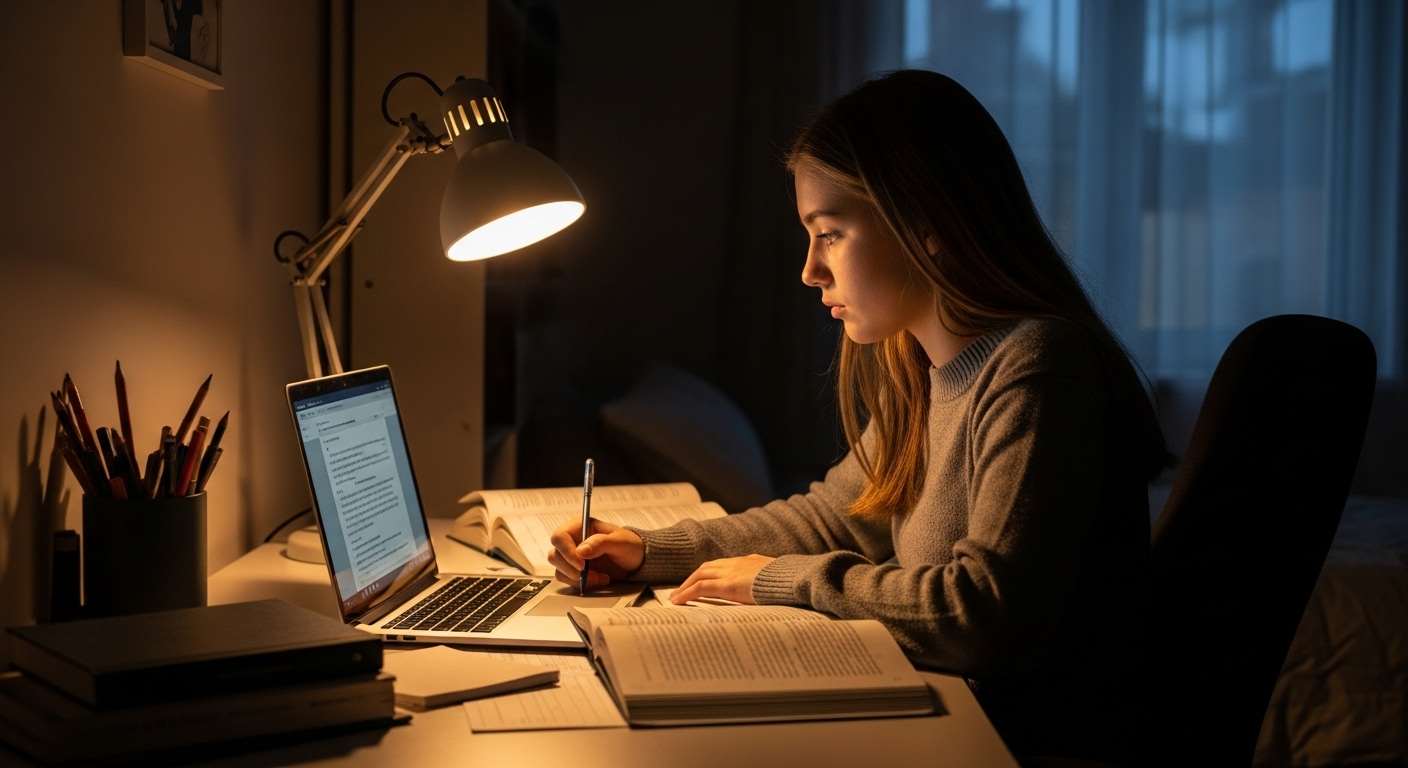 Teen girl using laptop at home at night to complete a Gimkit assignment for class