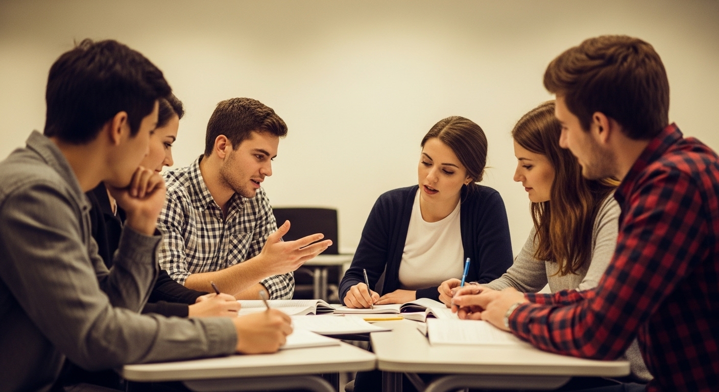 Students gathered in small groups, pointing at notes or laptops, explaining concepts to one another as part of a collaborative learning session.