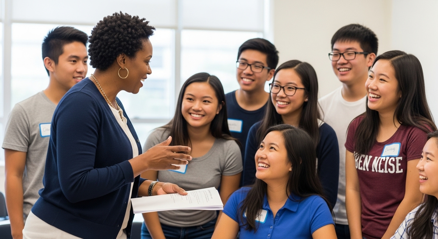 A teacher asking winning students to share teamwork strategies after a classroom game.