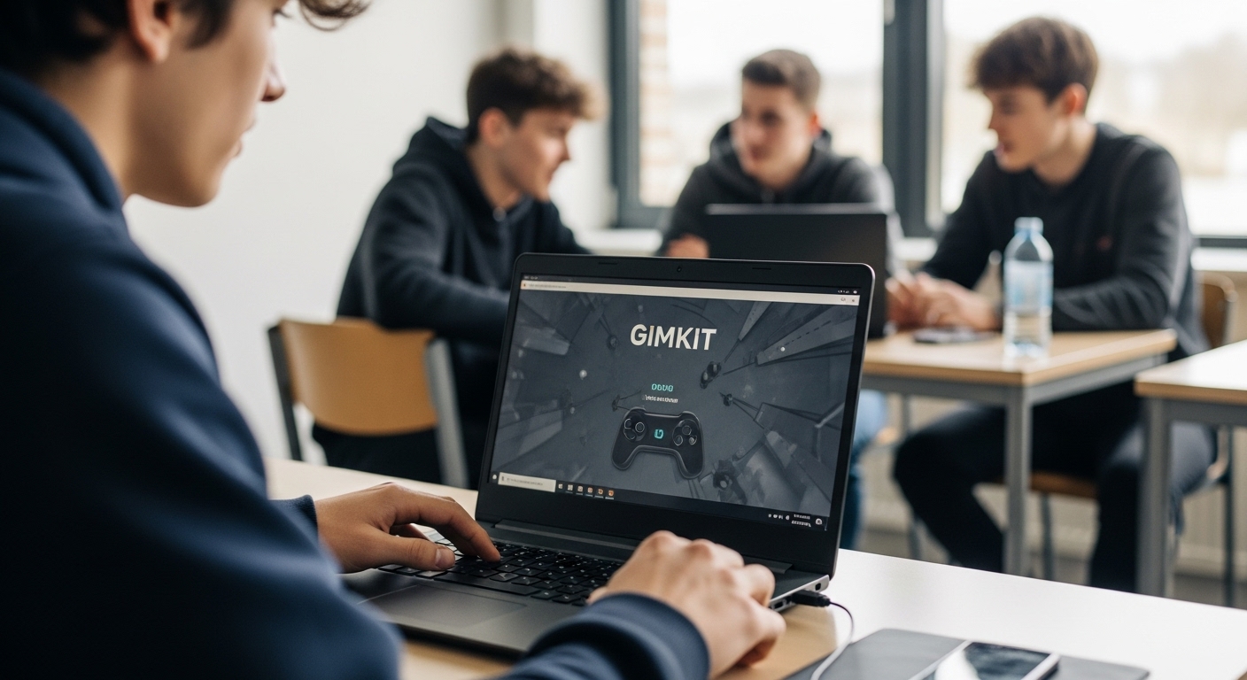 Student managing game settings on a laptop while classmates wait for the game to start
