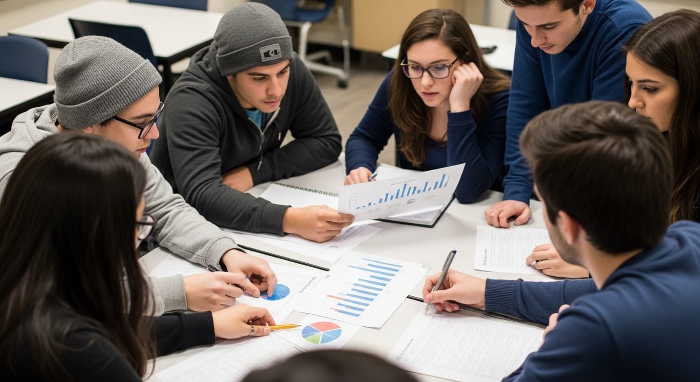 Students looking at a bold statement on a classroom screen, reacting with curiosity and surprise, prompting classroom discussion.