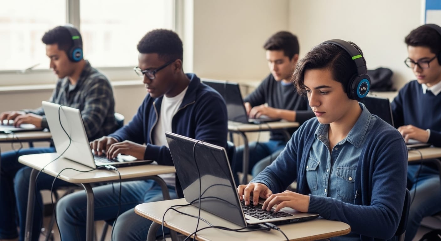 Group of students playing a multiplayer game on their laptops in a classroom, showing multiple devices connected to Wi-Fi