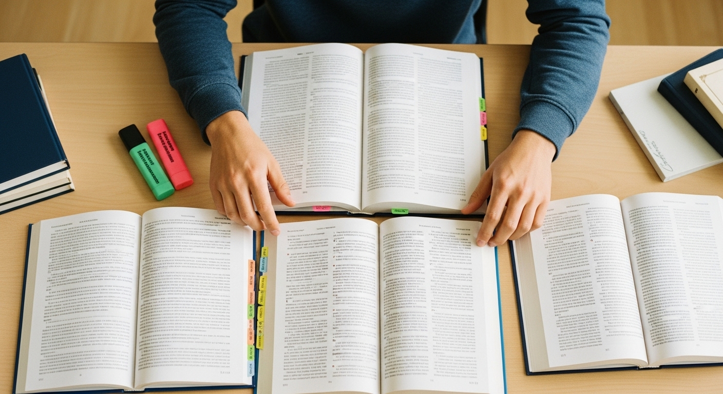 Student switching between multiple textbooks and notes for different subjects, representing interleaving strategy