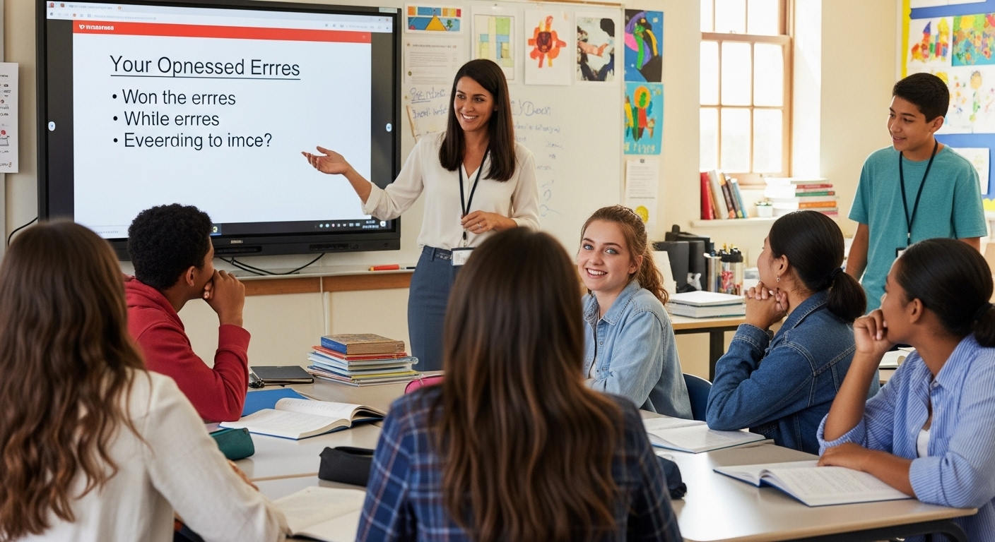 Teacher and students discussing a quiz question error on screen, turning mistakes into learning moments.