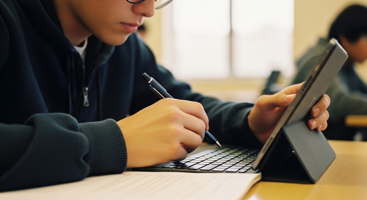 A student answering a quiz question on a tablet with visible focus and engagement, symbolizing memory recall