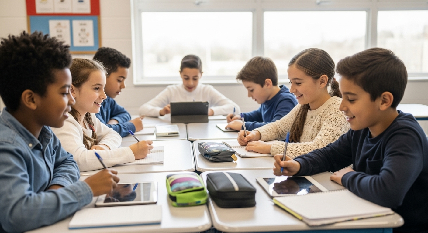 Elementary school students actively participating in a fun classroom competition using educational tools