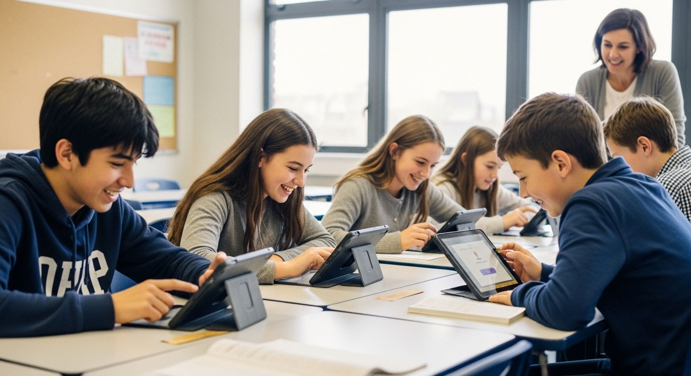 Middle school students engaged in a mid-lesson Gimkit game during class to boost attention and reinforce learning