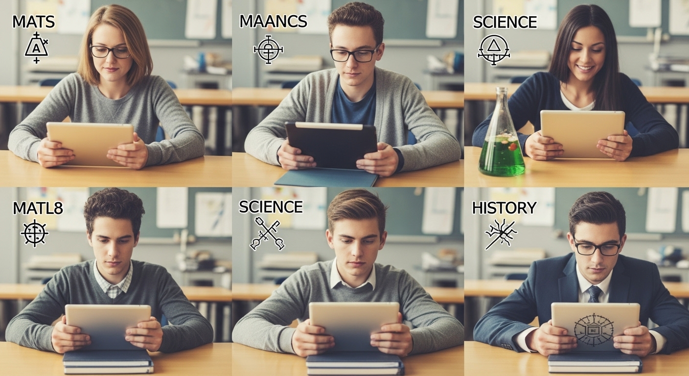 Collage of students learning math, science, and history using digital tools in a classroom—demonstrating Gimkit’s versatility across subjects.