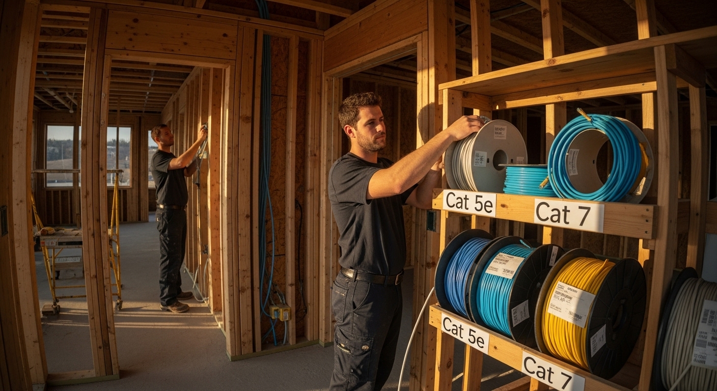 Comparison of Cat 5e and Cat 7 Ethernet cables in a new home construction setup for future-proof networking.