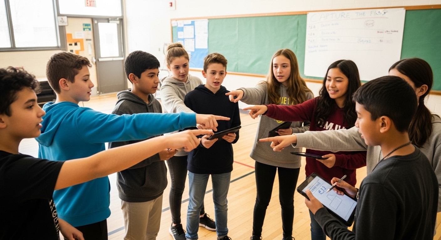 Elementary or middle school kids inside a gym or classroom planning strategies for a digital or physical Capture the Flag game focused on teamwork.