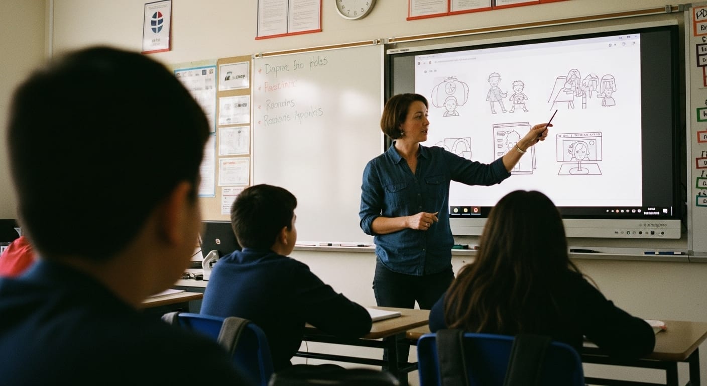 Teacher presenting subject-based educational illustrations to students in a classroom setting, enhancing learning with clear visuals