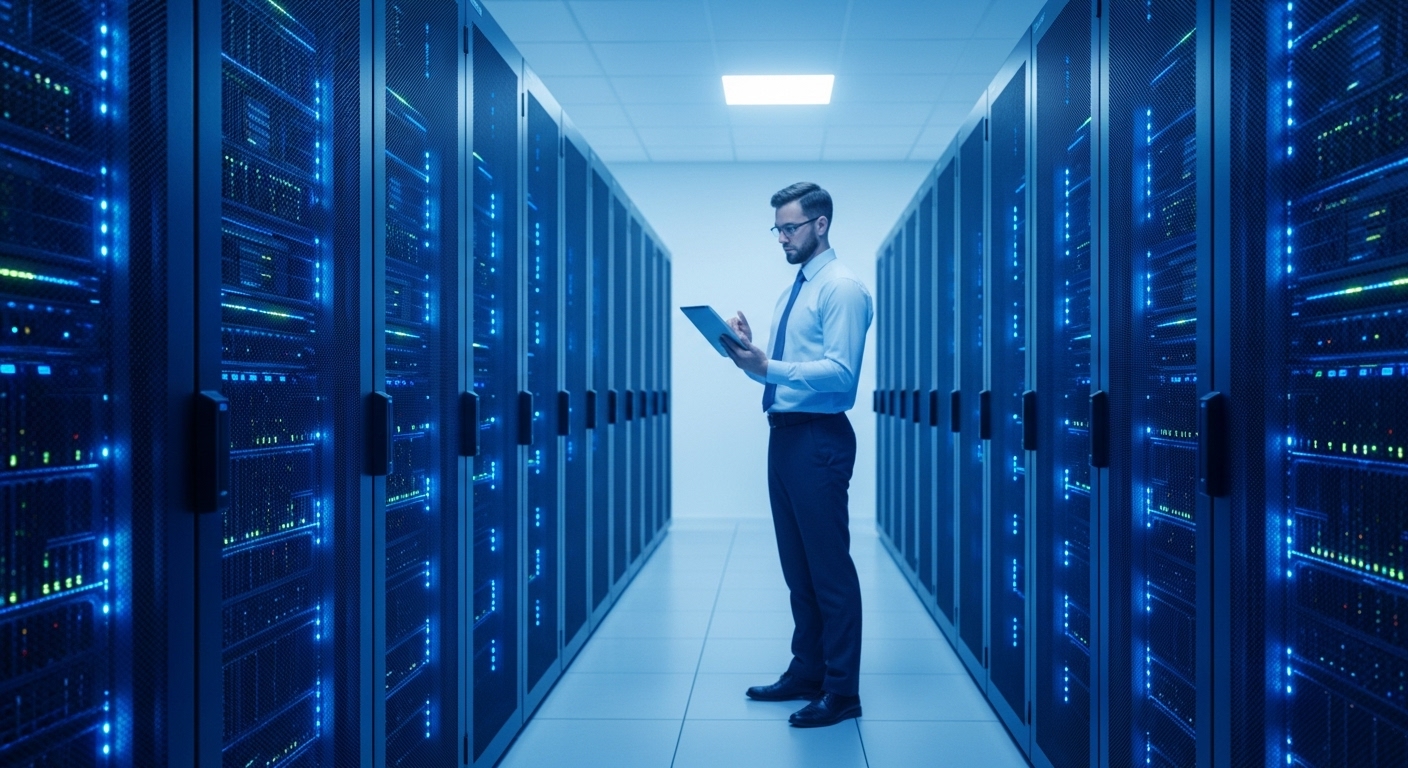 Modern data center with rows of glowing server racks and a technician monitoring network status on a tablet. Reflects professional game hosting environment.