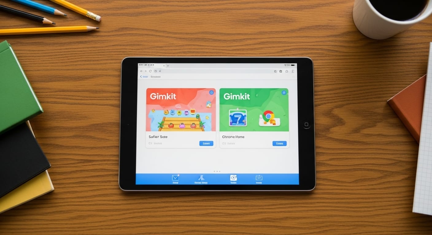 iPad screen showing Safari and Chrome side by side with Gimkit opened