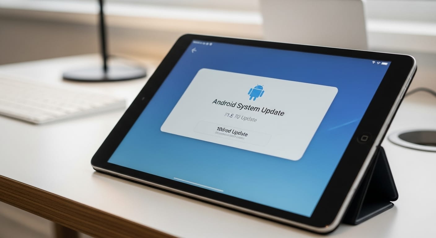Android tablet displaying a system update screen, emphasizing regular software updates for better app performance