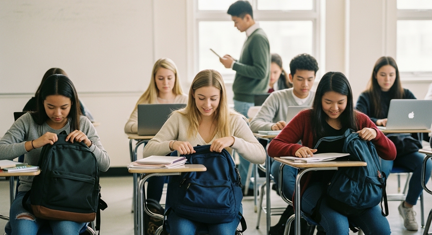 High school students entering a classroom and starting a quick interactive game on their devices during the first 5 minutes of class using Gimkit