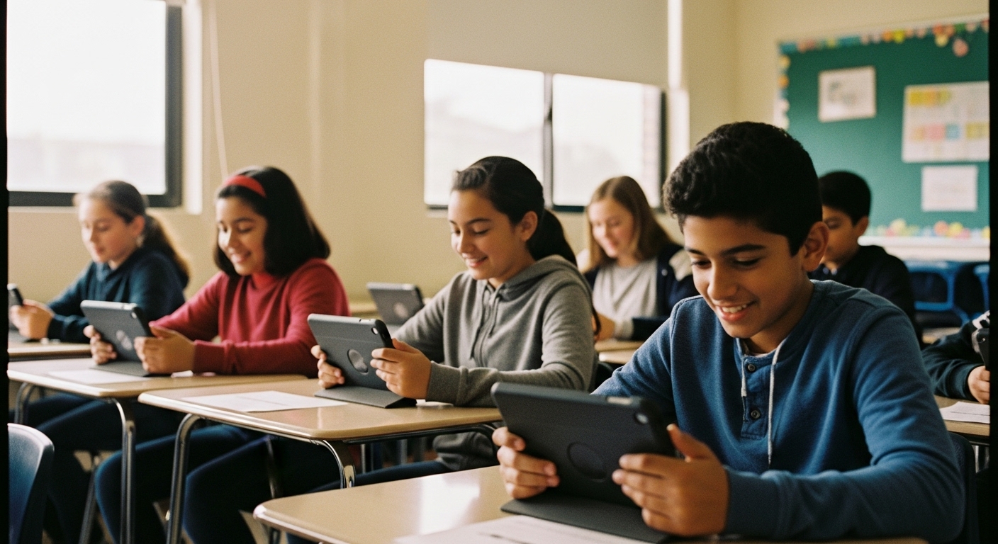 Group of middle school students focused on tablets during a short interactive classroom quiz.