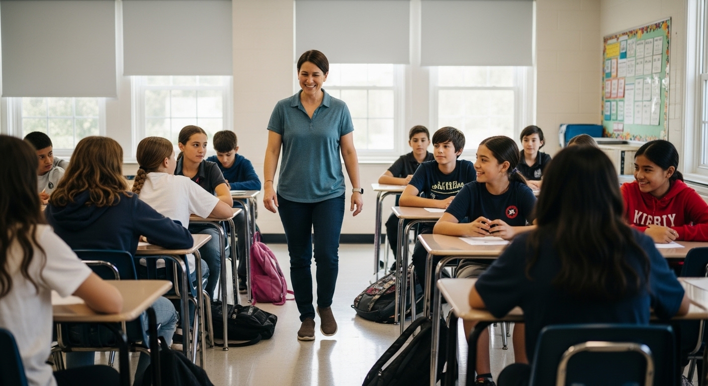 A teacher walking around student groups as they play a collaborative learning game, observing teamwork in a bright classroom.