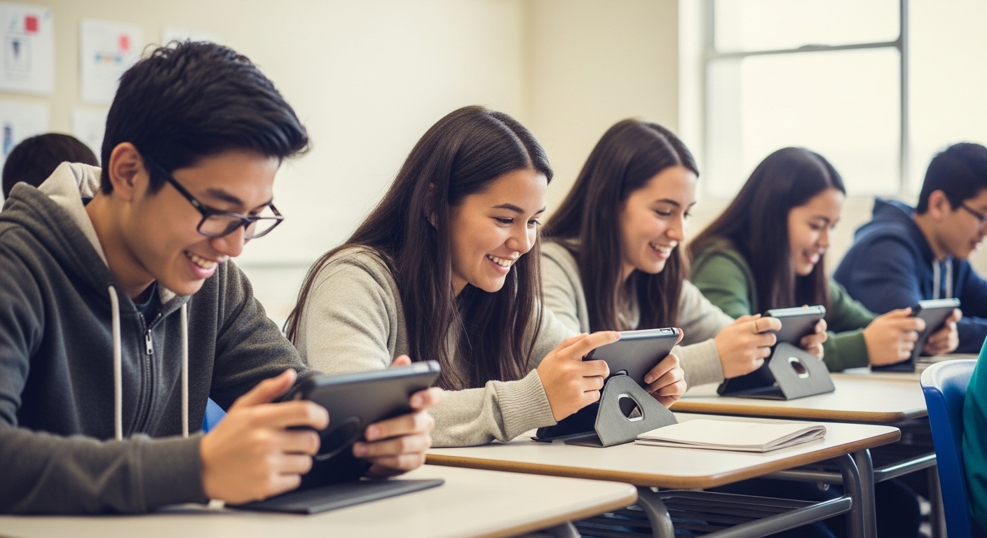 Students actively participating in a classroom game on tablets, deeply focused yet smiling—illustrating effective active recall through fun learning.