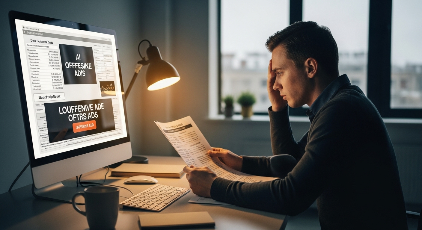 A person facepalming while looking at outdated spreadsheets and offensive ad examples on their screen.