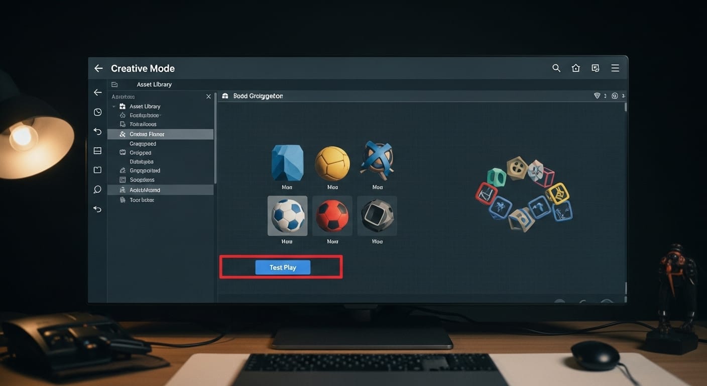 Gimkit Creative user managing assets, grouping objects, and using Test Play mode in the interface