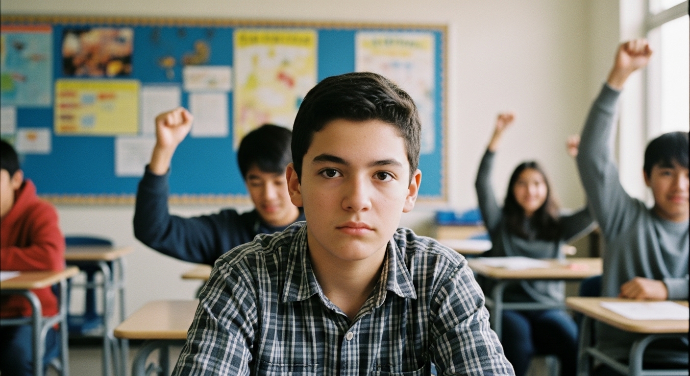Child looking frustrated during a competitive classroom activity, showing the emotional downside of school competition