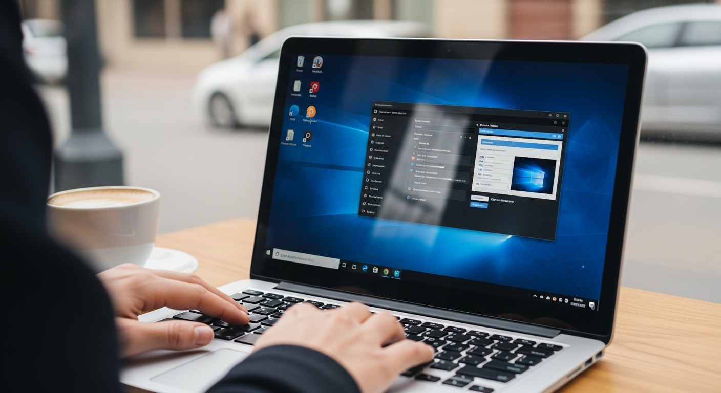 Close-up of a user remotely accessing a Windows VPS desktop from a laptop at a coffee shop