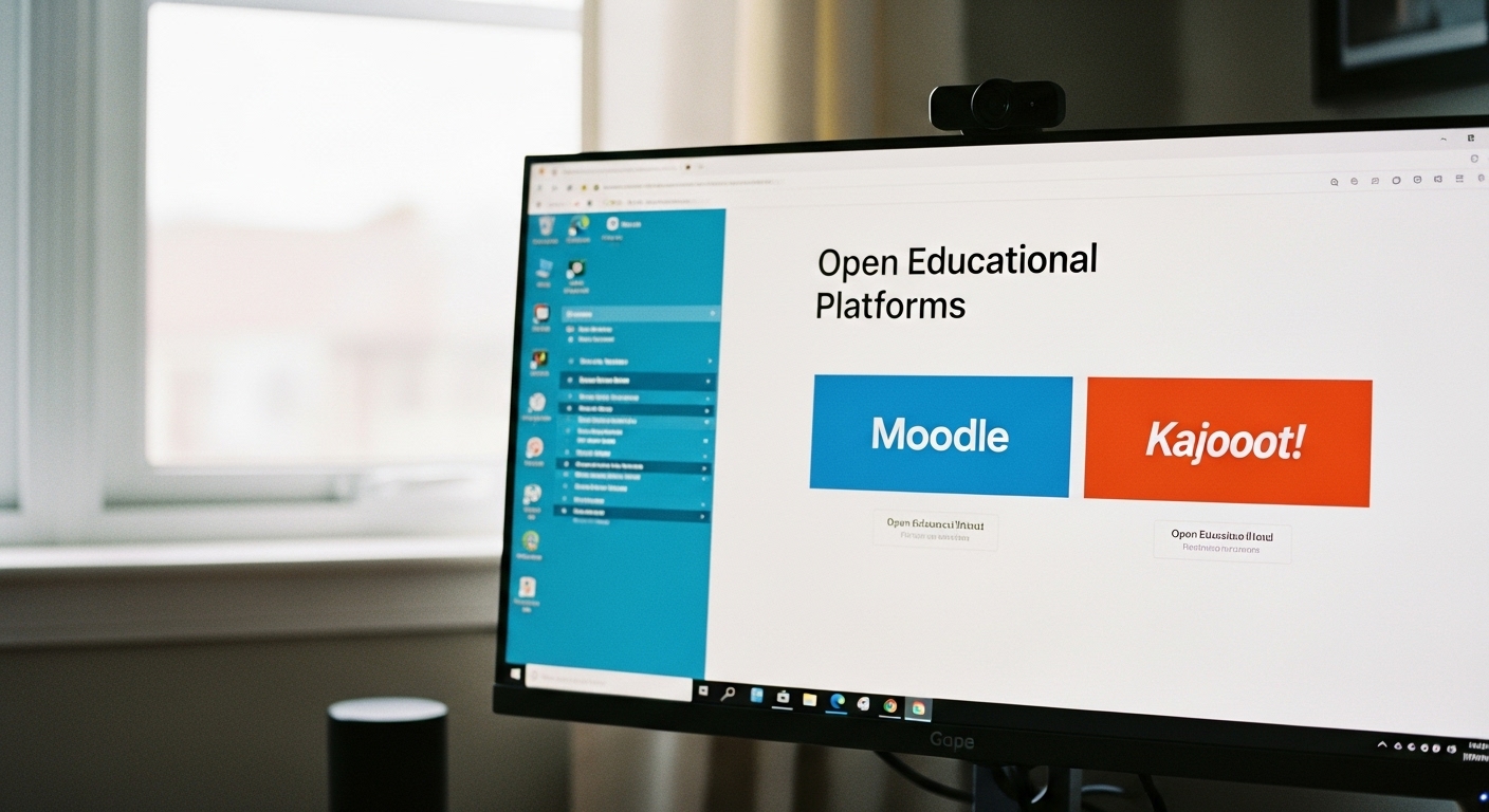 Windows VPS screen showing Moodle and Kahoot! running side by side on a desktop monitor 