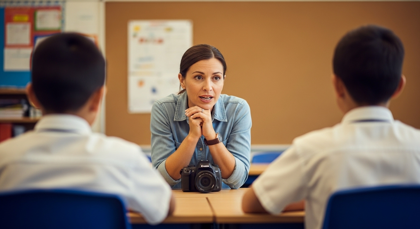 A teacher intervenes calmly with students to resolve a disagreement during a team-based learning game.