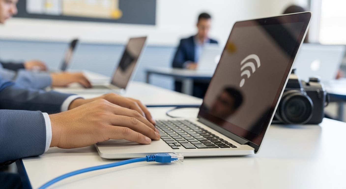 Close-up of a teacher’s laptop connected with an Ethernet cable alongside student laptops on Wi-Fi