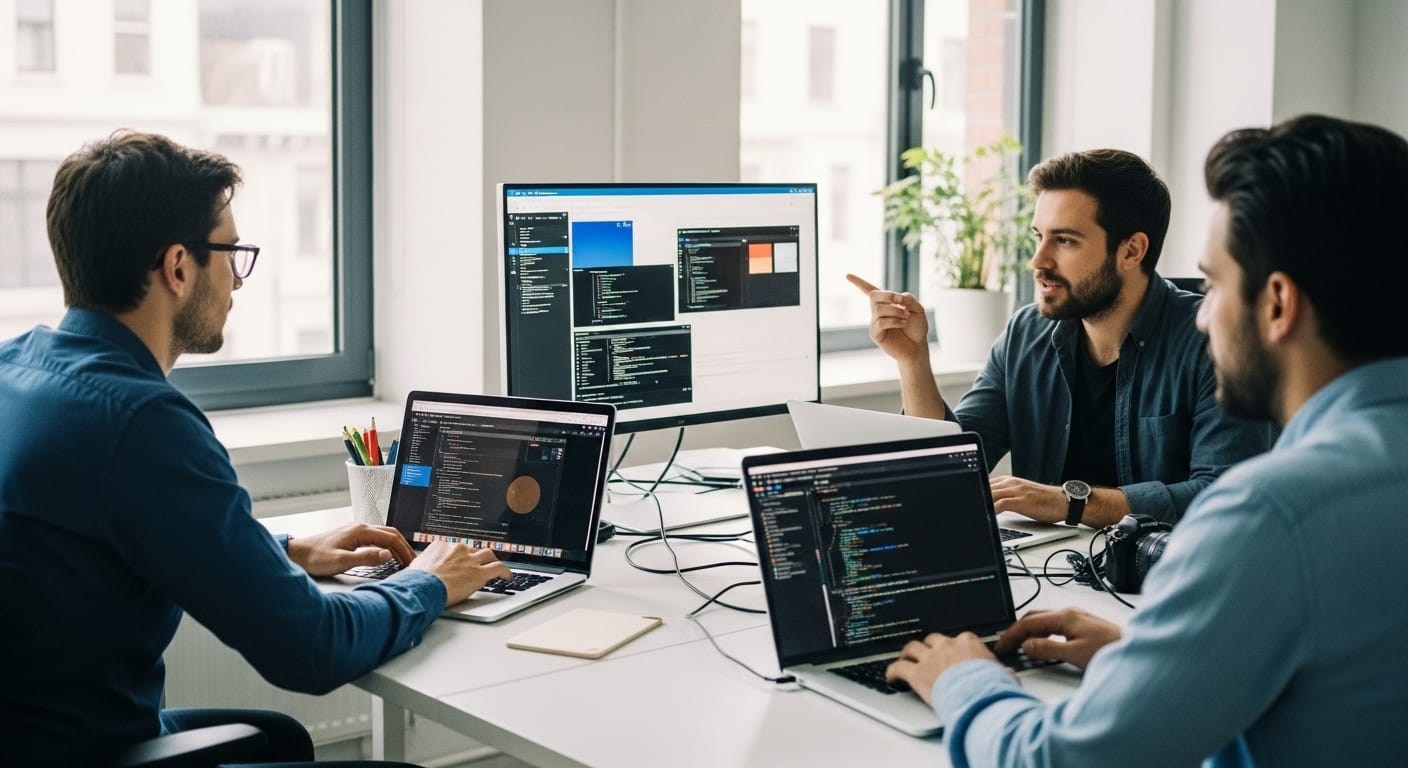 Software developers collaborating with visual tools and APIs to streamline coding tasks and integrate graphics seamlessly