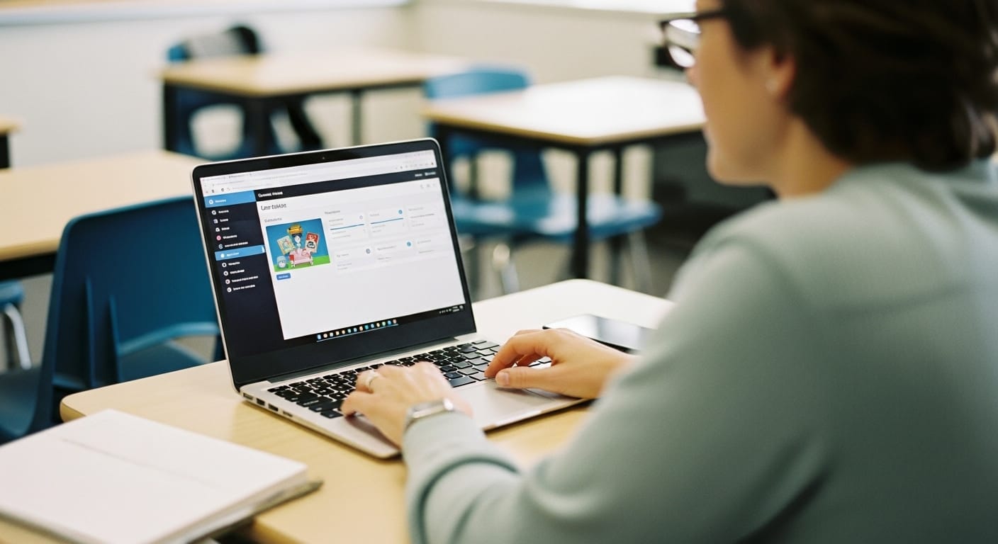 eacher hosting a live educational game from the Gimkit dashboard, selecting game settings on a laptop screen in a classroom