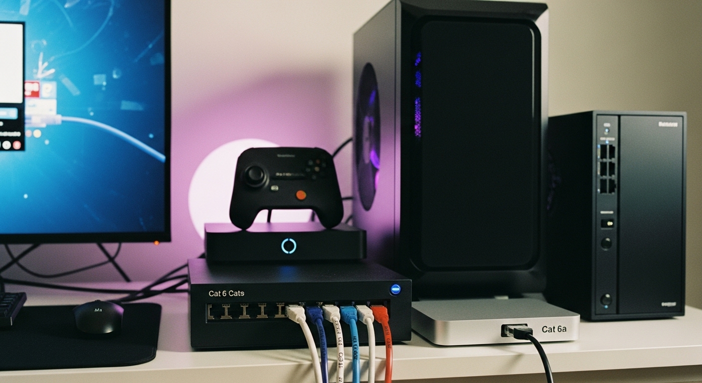 Comparison of Ethernet cables connected to devices like smart TV, gaming PC, and streaming box, showcasing different cable types for different use cases