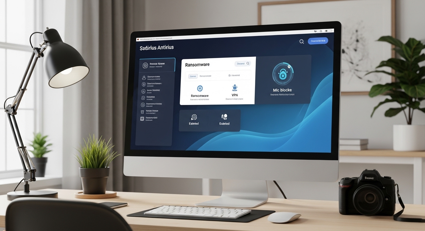 Desktop computer screen displaying antivirus dashboard with active ransomware protection and secure browsing enabled