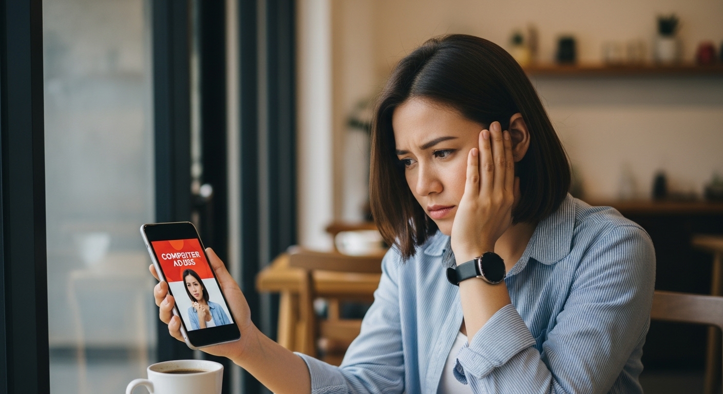 Business owner watching competitor’s ad showing up on their target audience’s screen while their own ad is missing