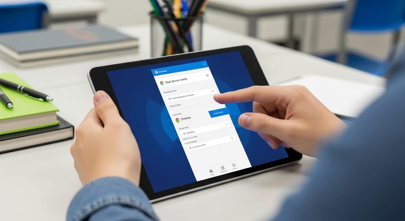 Student clearing browser cache on Android tablet before playing Gimkit