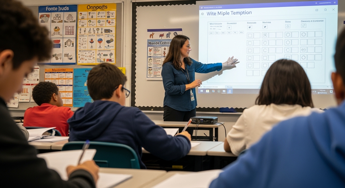 Teacher showing a step-by-step guide to writing effective educational questions, students following along with worksheets.