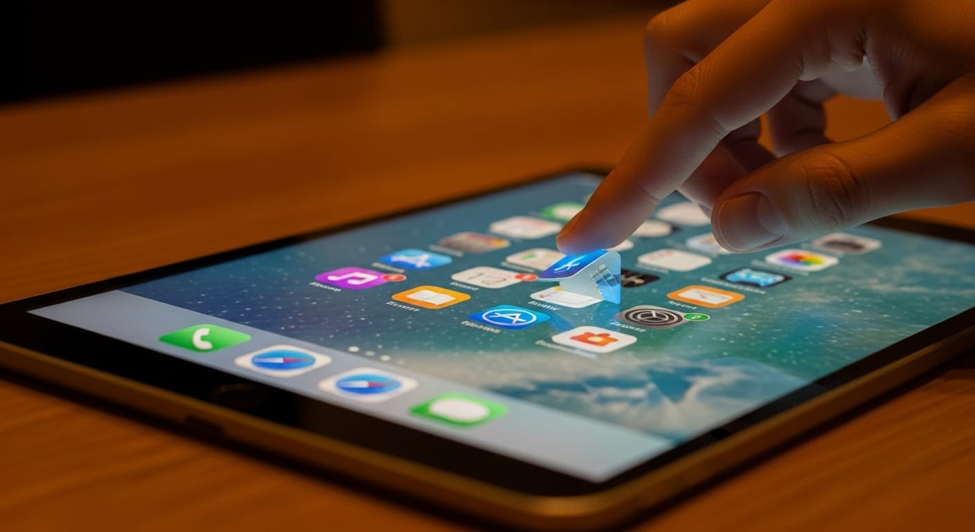 Student closing background apps on iPad by swiping up on the multitasking view