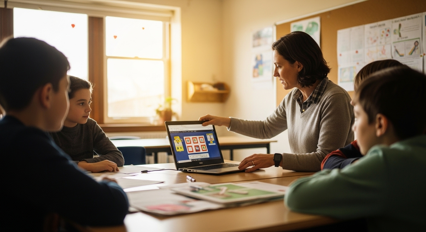 Teacher setting up an educational game quickly on a laptop in a classroom, showing how Gimkit launches in seconds with minimal effort.