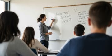 Teacher writing big, open-ended questions on a classroom whiteboard while students jot down notes
