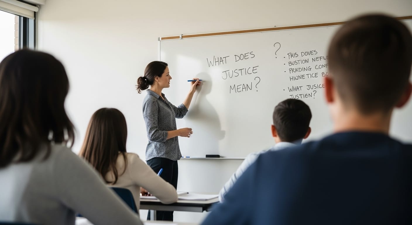 Teacher writing big, open-ended questions on a classroom whiteboard while students jot down notes