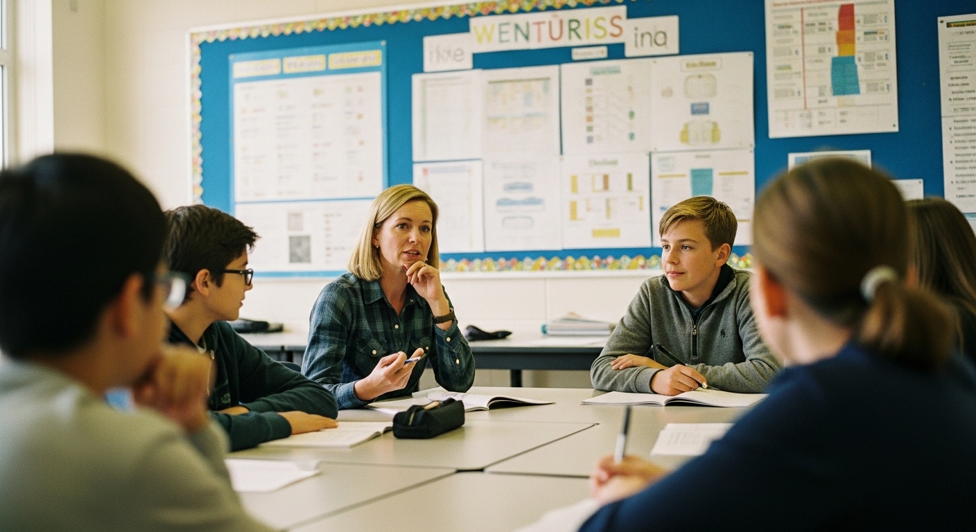 Students and teacher discussing quiz answers in classroom after playing Gimkit

