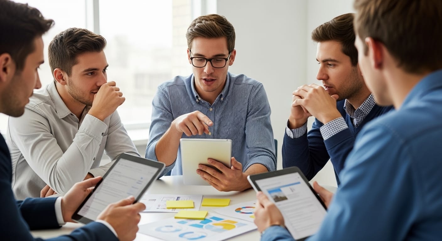 Students collaborating in a research phase of project-based learning, using devices to explore information and creating question banks in a classroom setting.