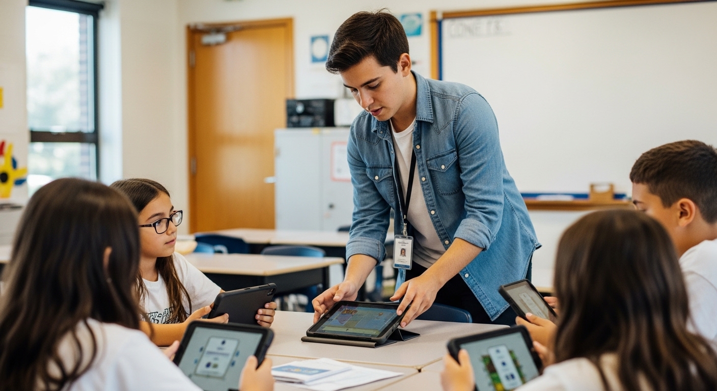 Teacher setting up a learning game on a tablet with students ready to play, representing fast classroom game preparation