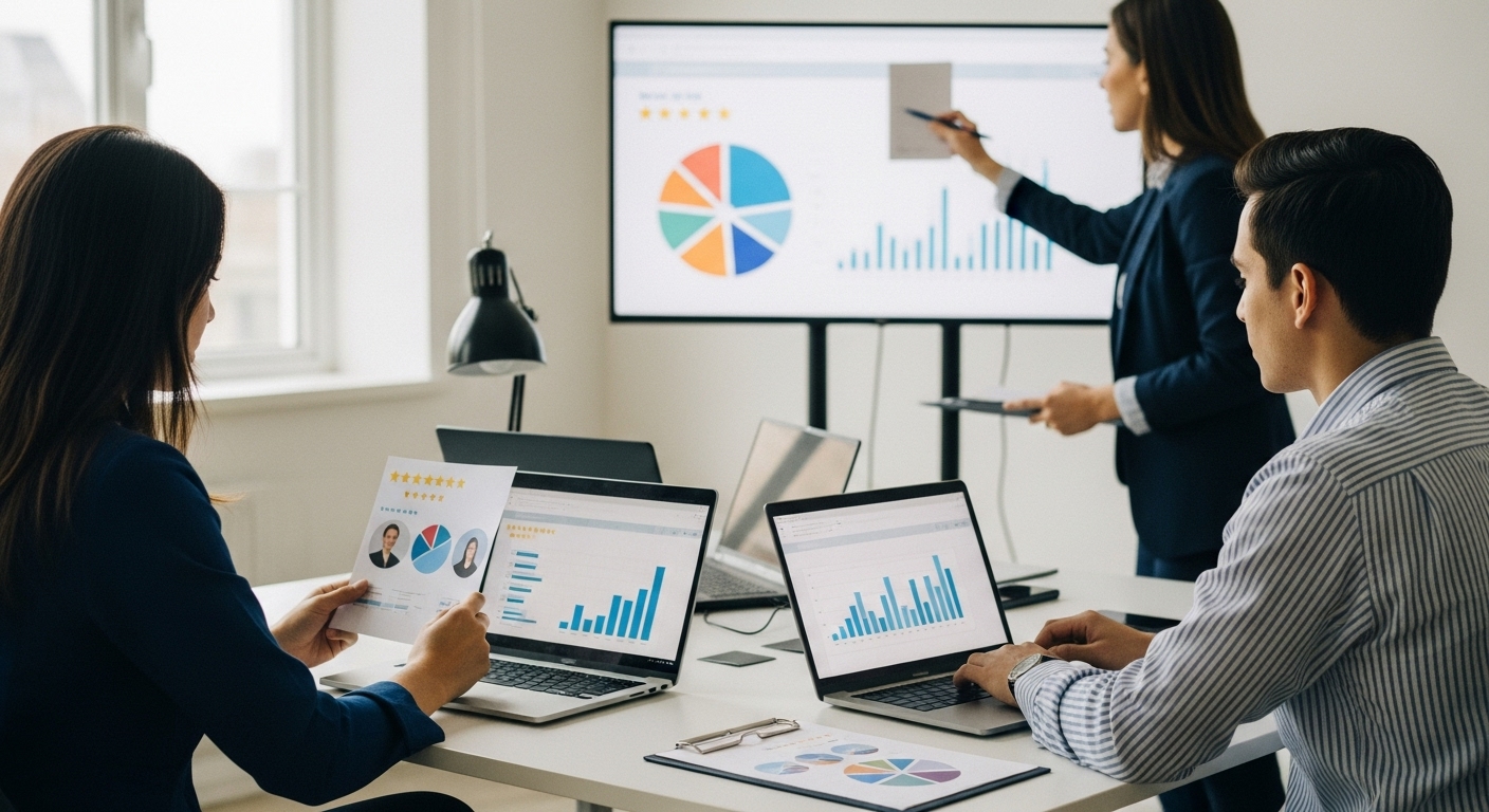 Marketing professionals conducting audience research with surveys, data analytics, and customer reviews
