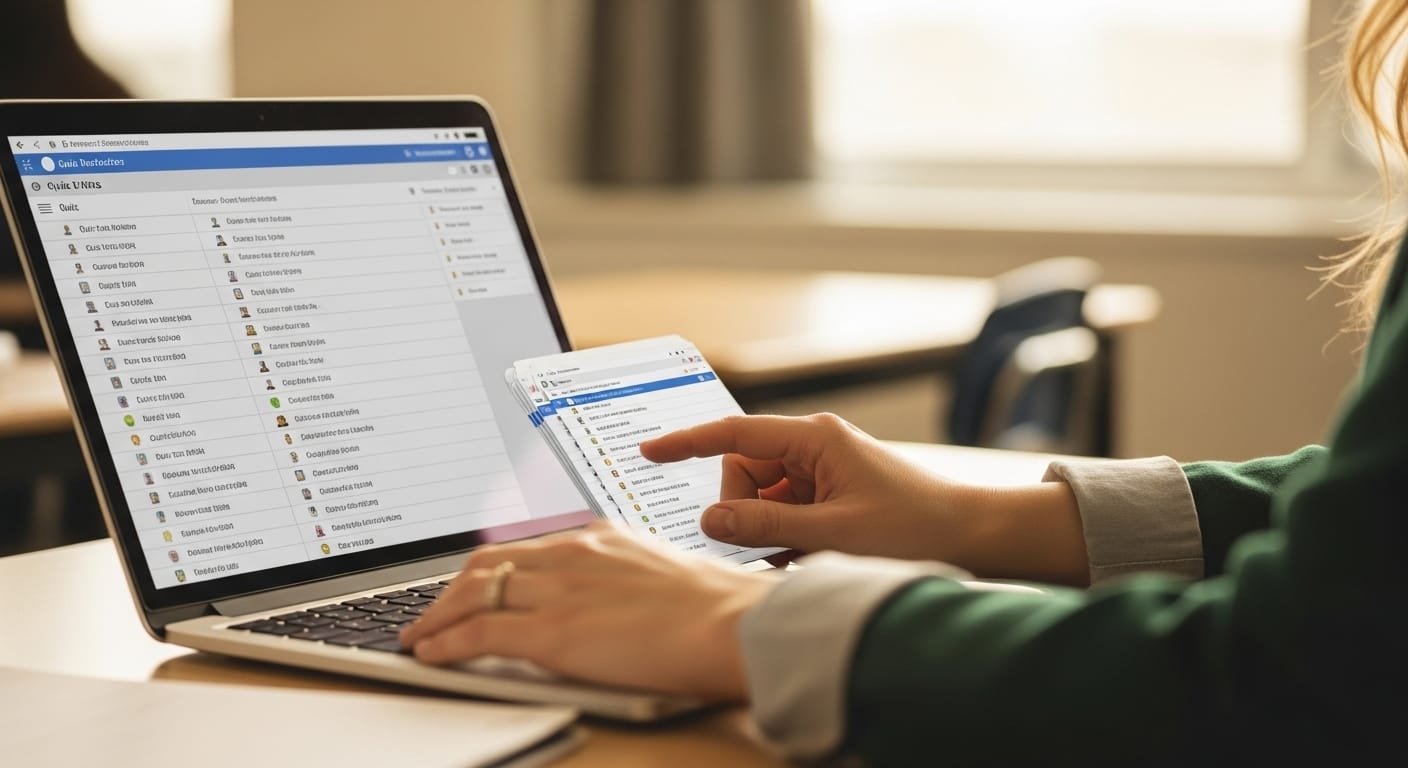 Close-up of a teacher organizing online quiz kits and student rosters on a digital platform using a laptop