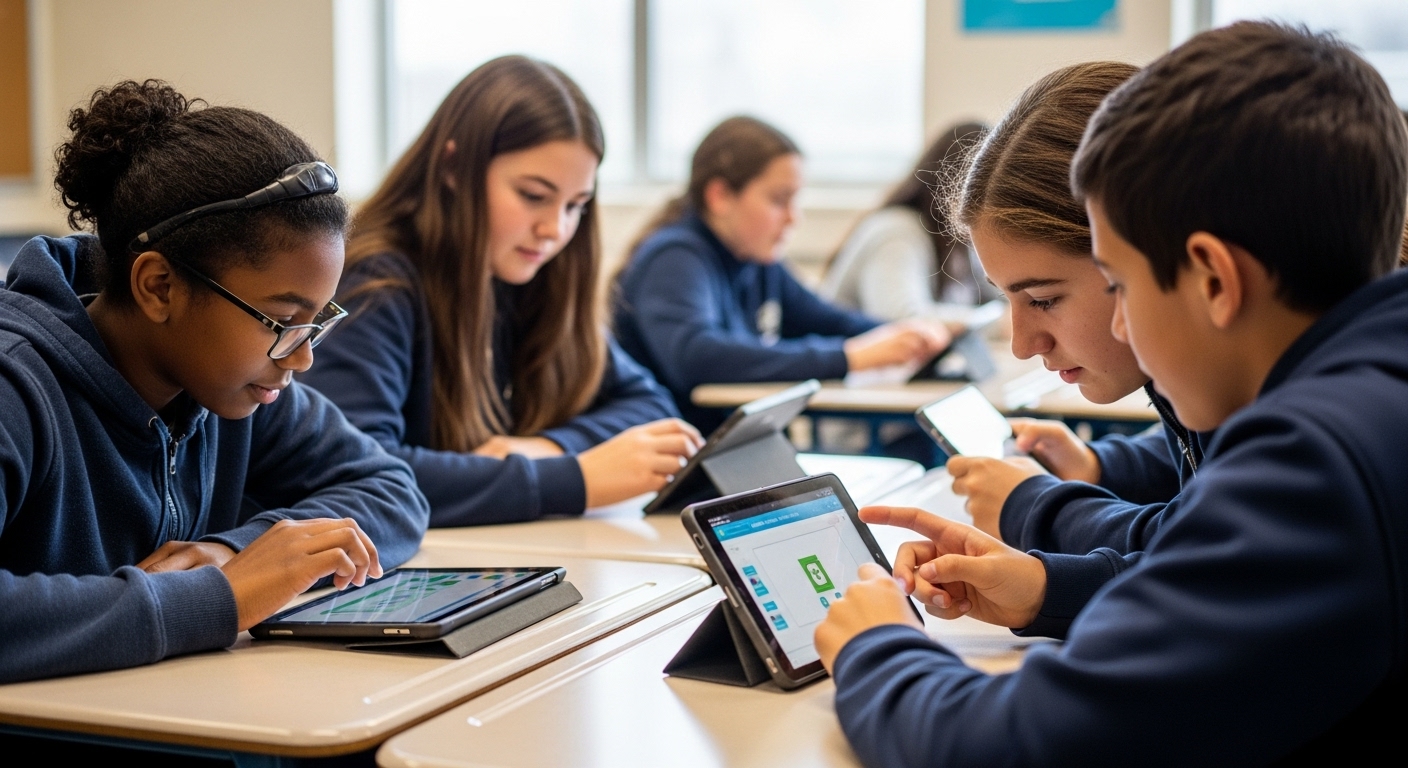 Middle school students working together on tablets during a team-based Gimkit game in a collaborative classroom setting.