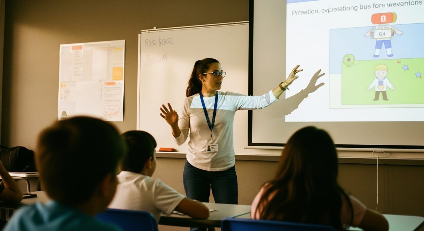 Teacher standing in front of engaged students, explaining the learning objectives of an educational game, encouraging student buy-in
