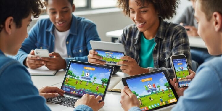 A vibrant, high-quality image showing diverse students engaged with Gimkit on various devices: a Chromebook, a tablet (iPad or Android), and a smartphone, all displaying the Gimkit interface clearly. The setting is a bright, modern classroom or learning environment, emphasizing smooth performance and connectivity.