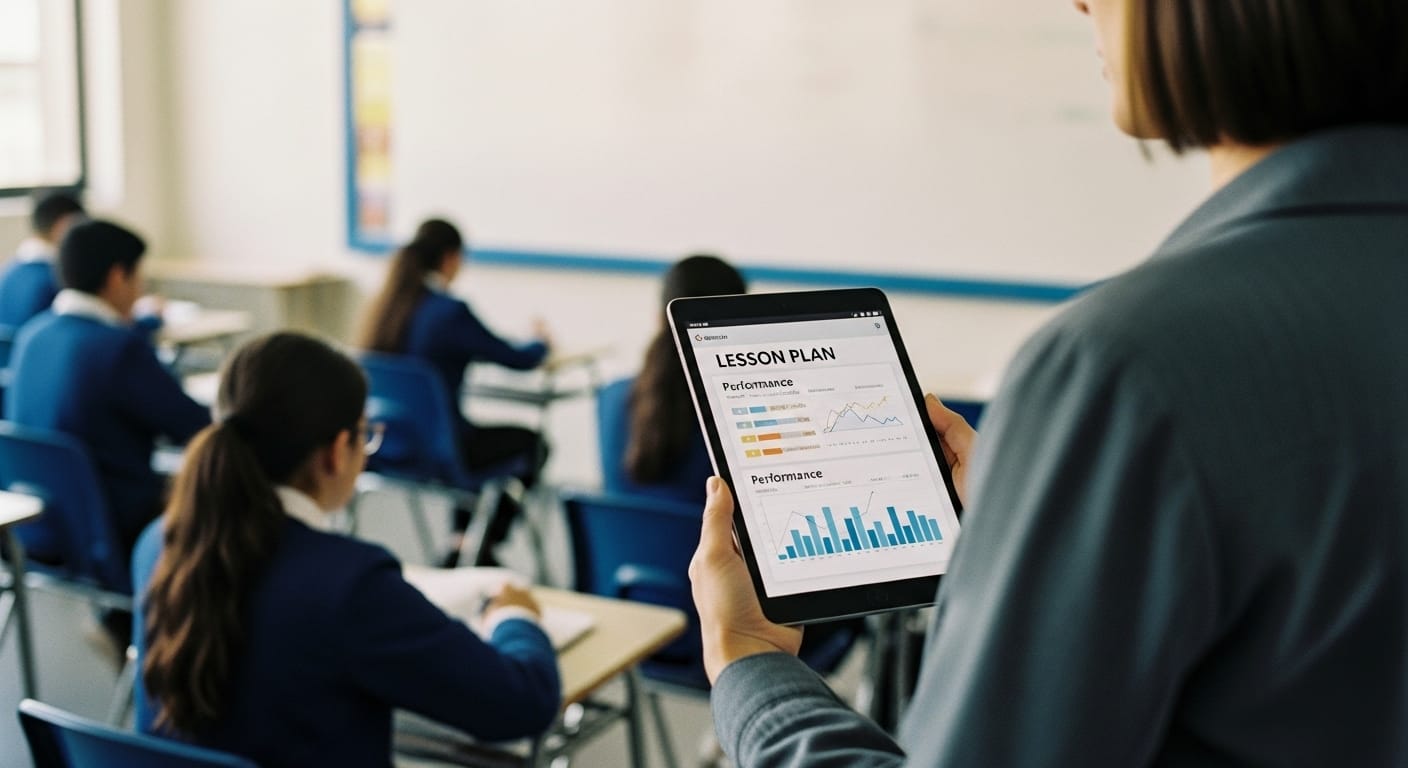 A close-up of a teacher analyzing instant quiz results on a digital dashboard, reviewing student understanding using Gimkit reports.
